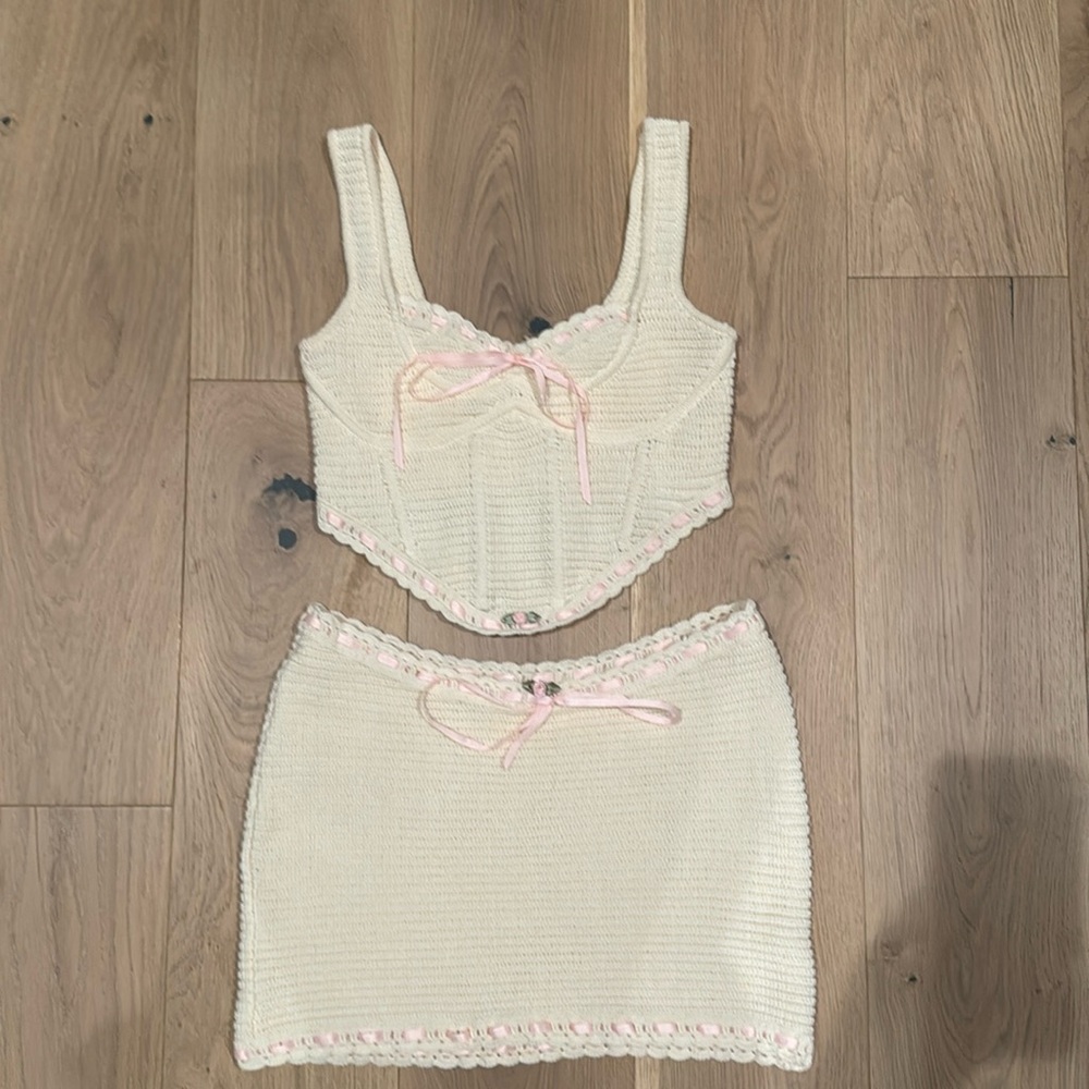 For Love & Lemons Cream Crochet Crop Top and Mini Skirt Set with Pink Trim